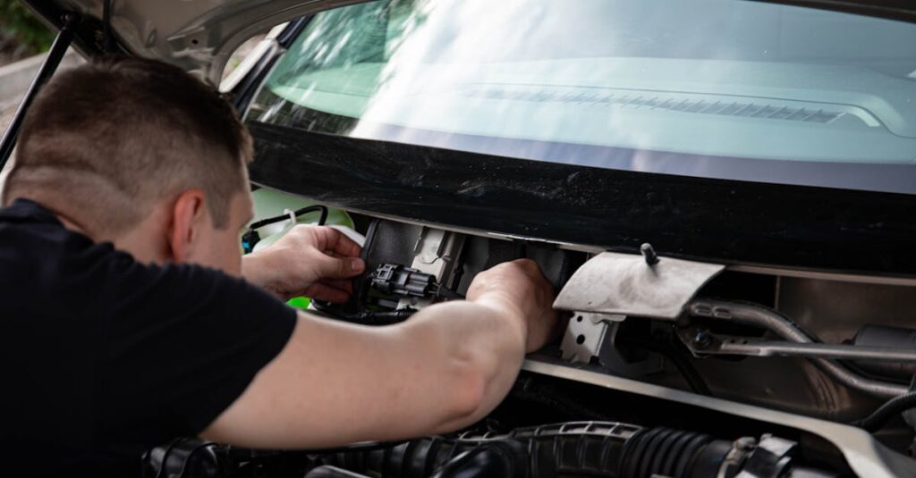A mechanic working on a car's engine bay indoors, showcasing repair work.